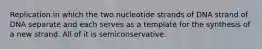 Replication in which the two nucleotide strands of DNA strand of DNA separate and each serves as a template for the synthesis of a new strand. All of it is semiconservative.