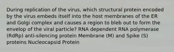 During replication of the virus, which structural protein encoded by the virus embeds itself into the host membranes of the ER and Golgi complex and causes a region to bleb out to form the envelop of the viral particle? RNA dependent RNA polymerase (RdRp) anti-silencing protein Membrane (M) and Spike (S) proteins Nucleocapsid Protein