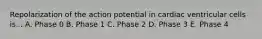 Repolarization of the action potential in cardiac ventricular cells is... A. Phase 0 B. Phase 1 C. Phase 2 D. Phase 3 E. Phase 4