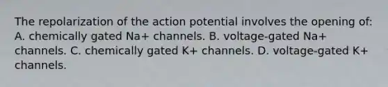 The repolarization of the action potential involves the opening of: A. chemically gated Na+ channels. B. voltage-gated Na+ channels. C. chemically gated K+ channels. D. voltage-gated K+ channels.