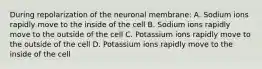 During repolarization of the neuronal membrane: A. Sodium ions rapidly move to the inside of the cell B. Sodium ions rapidly move to the outside of the cell C. Potassium ions rapidly move to the outside of the cell D. Potassium ions rapidly move to the inside of the cell