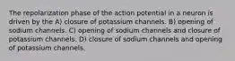 The repolarization phase of the action potential in a neuron is driven by the A) closure of potassium channels. B) opening of sodium channels. C) opening of sodium channels and closure of potassium channels. D) closure of sodium channels and opening of potassium channels.