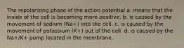 The repolarizing phase of the action potential a. means that the inside of the cell is becoming more positive. b. is caused by the movement of sodium (Na+) into the cell. c. is caused by the movement of potassium (K+) out of the cell. d. is caused by the Na+/K+ pump located in the membrane.