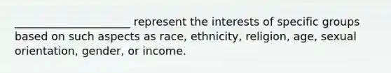 _____________________ represent the interests of specific groups based on such aspects as race, ethnicity, religion, age, sexual orientation, gender, or income.