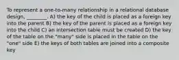 To represent a one-to-many relationship in a relational database design, ________. A) the key of the child is placed as a foreign key into the parent B) the key of the parent is placed as a foreign key into the child C) an intersection table must be created D) the key of the table on the "many" side is placed in the table on the "one" side E) the keys of both tables are joined into a composite key