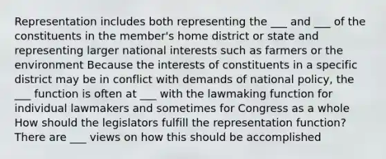 Representation includes both representing the ___ and ___ of the constituents in the member's home district or state and representing larger national interests such as farmers or the environment Because the interests of constituents in a specific district may be in conflict with demands of national policy, the ___ function is often at ___ with the lawmaking function for individual lawmakers and sometimes for Congress as a whole How should the legislators fulfill the representation function? There are ___ views on how this should be accomplished