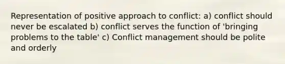 Representation of positive approach to conflict: a) conflict should never be escalated b) conflict serves the function of 'bringing problems to the table' c) Conflict management should be polite and orderly