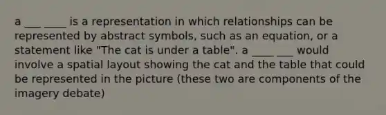 a ___ ____ is a representation in which relationships can be represented by abstract symbols, such as an equation, or a statement like "The cat is under a table". a ____ ___ would involve a spatial layout showing the cat and the table that could be represented in the picture (these two are components of the imagery debate)