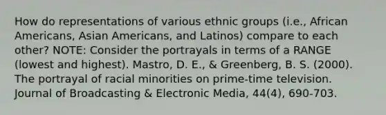 How do representations of various ethnic groups (i.e., African Americans, Asian Americans, and Latinos) compare to each other? NOTE: Consider the portrayals in terms of a RANGE (lowest and highest). Mastro, D. E., & Greenberg, B. S. (2000). The portrayal of racial minorities on prime-time television. Journal of Broadcasting & Electronic Media, 44(4), 690-703.