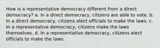 How is a representative democracy different from a direct democracy? a. In a direct democracy, citizens are able to vote. b. In a direct democracy, citizens elect officials to make the laws. c. In a representative democracy, citizens make the laws themselves. d. In a representative democracy, citizens elect officials to make the laws.