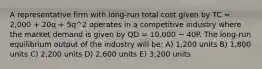 A representative firm with long-run total cost given by TC = 2,000 + 20q + 5q^2 operates in a competitive industry where the market demand is given by QD = 10,000 − 40P. The long-run equilibrium output of the industry will be: A) 1,200 units B) 1,800 units C) 2,200 units D) 2,600 units E) 3,200 units