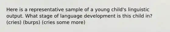 Here is a representative sample of a young child's linguistic output. What stage of language development is this child in? (cries) (burps) (cries some more)