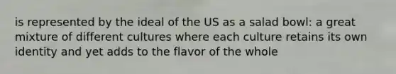 is represented by the ideal of the US as a salad bowl: a great mixture of different cultures where each culture retains its own identity and yet adds to the flavor of the whole