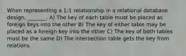 When representing a 1:1 relationship in a relational database design, _______. A) The key of each table must be placed as foreign keys into the other B) The key of either table may be placed as a foreign key into the other C) The key of both tables must be the same D) The intersection table gets the key from relations