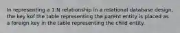 In representing a 1:N relationship in a relational database design, the key kof the table representing the parent entity is placed as a foreign key in the table representing the child entity.