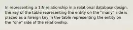 In representing a 1:N relationship in a relational database design, the key of the table representing the entity on the "many" side is placed as a foreign key in the table representing the entity on the "one" side of the relationship.