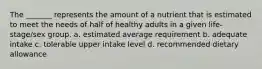 The _______ represents the amount of a nutrient that is estimated to meet the needs of half of healthy adults in a given life-stage/sex group. a. estimated average requirement b. adequate intake c. tolerable upper intake level d. recommended dietary allowance