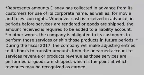 *Represents amounts Disney has collected in advance from its customers for use of its corporate name, as well as, for movie and television rights. Whenever cash is received in advance, in periods before services are rendered or goods are shipped, the amount received is required to be added to a liability account. *In other words, the company is obligated to its customers to perform those services or ship those products in future periods. * During the fiscal 2017, the company will make <a href='https://www.questionai.com/knowledge/kGxhM5fzgy-adjusting-entries' class='anchor-knowledge'>adjusting entries</a> to its books to transfer amounts from the unearned account to services revenue or products revenue as those services are performed or goods are shipped, which is the point at which revenues may be recognized as earned.