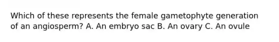 Which of these represents the female gametophyte generation of an angiosperm? A. An embryo sac B. An ovary C. An ovule
