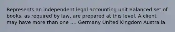 Represents an independent legal accounting unit Balanced set of books, as required by law, are prepared at this level. A client may have more than one .... Germany United Kingdom Australia