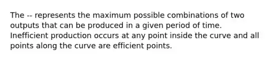 The -- represents the maximum possible combinations of two outputs that can be produced in a given period of time. Inefficient production occurs at any point inside the curve and all points along the curve are efficient points.