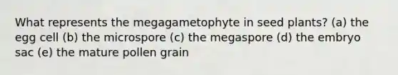 What represents the megagametophyte in seed plants? (a) the egg cell (b) the microspore (c) the megaspore (d) the embryo sac (e) the mature pollen grain