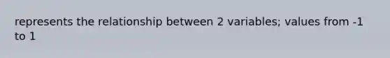 represents the relationship between 2 variables; values from -1 to 1