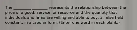 The _________ ________ represents the relationship between the price of a good, service, or resource and the quantity that individuals and firms are willing and able to buy, all else held constant, in a tabular form. (Enter one word in each blank.)