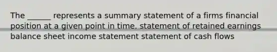 The ______ represents a summary statement of a firms financial position at a given point in time. statement of retained earnings balance sheet income statement statement of cash flows