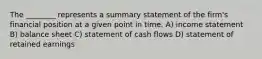 The ________ represents a summary statement of the firm's financial position at a given point in time. A) income statement B) balance sheet C) statement of cash flows D) statement of retained earnings