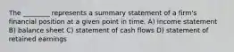 The ________ represents a summary statement of a firm's financial position at a given point in time. A) income statement B) balance sheet C) statement of cash flows D) statement of retained earnings