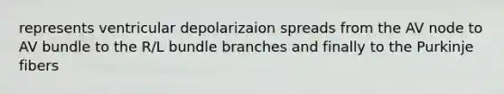 represents ventricular depolarizaion spreads from the AV node to AV bundle to the R/L bundle branches and finally to the Purkinje fibers