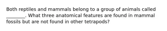 Both reptiles and mammals belong to a group of animals called ________. What three anatomical features are found in mammal fossils but are not found in other tetrapods?
