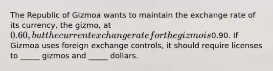 The Republic of Gizmoa wants to maintain the exchange rate of its currency, the gizmo, at 0.60, but the current exchange rate for the gizmo is0.90. If Gizmoa uses foreign exchange controls, it should require licenses to _____ gizmos and _____ dollars.