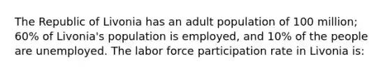 The Republic of Livonia has an adult population of 100 million; 60% of Livonia's population is employed, and 10% of the people are unemployed. The labor force participation rate in Livonia is: