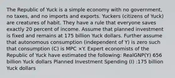 The Republic of Yuck is a simple economy with no​ government, no​ taxes, and no imports and exports. Yuckers​ (citizens of​ Yuck) are creatures of habit. They have a rule that everyone saves exactly 20 percent of income. Assume that planned investment is fixed and remains at 175 billion Yuck dollars. Further assume that autonomous consumption​ (independent of​ Y) is zero such that consumption​ (C) is MPC ×Y. Expert economists of the Republic of Yuck have estimated the​ following: RealGNP(Y) 656 billion Yuck dollars Planned Investment Spending​ (I)​ :175 billion Yuck dollars