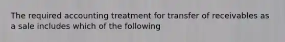 The required accounting treatment for transfer of receivables as a sale includes which of the following