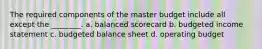 The required components of the master budget include all except the ________. a. balanced scorecard b. budgeted income statement c. budgeted balance sheet d. operating budget