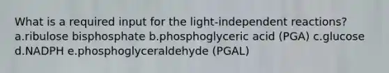 What is a required input for the light-independent reactions? a.ribulose bisphosphate b.phosphoglyceric acid (PGA) c.glucose d.NADPH e.phosphoglyceraldehyde (PGAL)