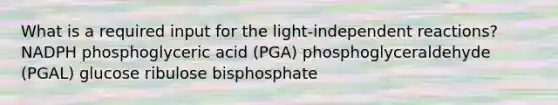 What is a required input for the light-independent reactions?​ ​NADPH ​phosphoglyceric acid (PGA) ​phosphoglyceraldehyde (PGAL) ​glucose ribulose bisphosphate​