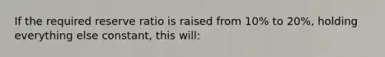 If the required reserve ratio is raised from 10% to 20%, holding everything else constant, this will: