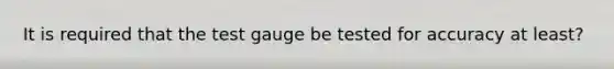 It is required that the test gauge be tested for accuracy at least?