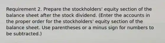 Requirement 2. Prepare the​ stockholders' equity section of the balance sheet after the stock dividend. ​(Enter the accounts in the proper order for the​ stockholders' equity section of the balance sheet. Use parentheses or a minus sign for numbers to be​ subtracted.)