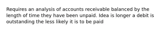 Requires an analysis of accounts receivable balanced by the length of time they have been unpaid. Idea is longer a debit is outstanding the less likely it is to be paid