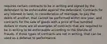 requires certain contracts to be in writing and signed by the defendant to be enforceable against the defendant. Contracts for any interest in land, in consideration of marriage, to pay the debts of another, that cannot be performed within one year, and contracts for the sale of goods with a price of five hundred dollars or more are all examples of contracts that are required to be in writing to be enforceable according to the Statute of Frauds. If those types of contracts are not in writing, that can be used as a defense to performance.