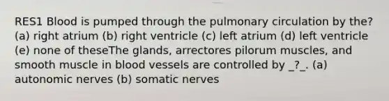 RES1 Blood is pumped through the pulmonary circulation by the? (a) right atrium (b) right ventricle (c) left atrium (d) left ventricle (e) none of theseThe glands, arrectores pilorum muscles, and smooth muscle in blood vessels are controlled by _?_. (a) autonomic nerves (b) somatic nerves