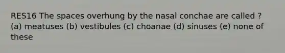 RES16 The spaces overhung by the nasal conchae are called ? (a) meatuses (b) vestibules (c) choanae (d) sinuses (e) none of these