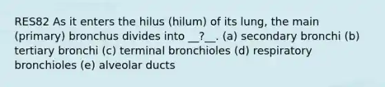 RES82 As it enters the hilus (hilum) of its lung, the main (primary) bronchus divides into __?__. (a) secondary bronchi (b) tertiary bronchi (c) terminal bronchioles (d) respiratory bronchioles (e) alveolar ducts