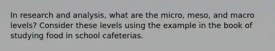 In research and analysis, what are the micro, meso, and macro levels? Consider these levels using the example in the book of studying food in school cafeterias.