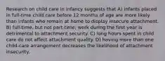 Research on child care in infancy suggests that A) infants placed in full-time child care before 12 months of age are more likely than infants who remain at home to display insecure attachment. B) full-time, but not part-time, work during the first year is detrimental to attachment security. C) long hours spent in child care do not affect attachment quality. D) having more than one child-care arrangement decreases the likelihood of attachment insecurity.